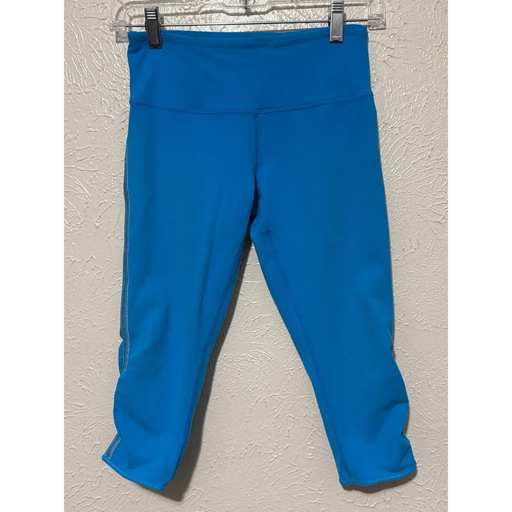 Lululemon Athletica Blue Ruched Cropped Leggings Capri Reflective Trim Womens 4